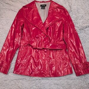 Mark‎ Alan Jacket Womens S Red Leather Pea Coat Belt Pockets Button Up Preppy